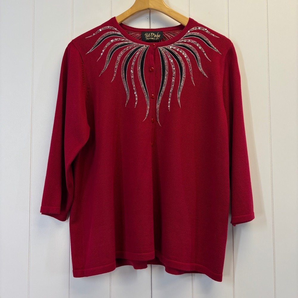 Vintage Bob Mackie Eclectic Embroidered Cardigan Sweater Women Size XL Artsy